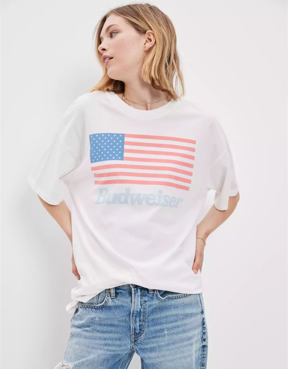 T Shirts American Eagle AE Oversized Budweiser Graphique Tee Blanche Femme | BHJ-62384498